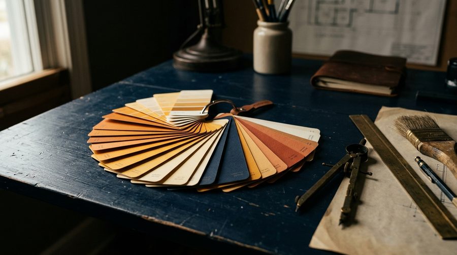 Kipas kartu contoh warna amber oranye dan krem tersebar di meja gambar biru gelap dengan alat gambar kuningan